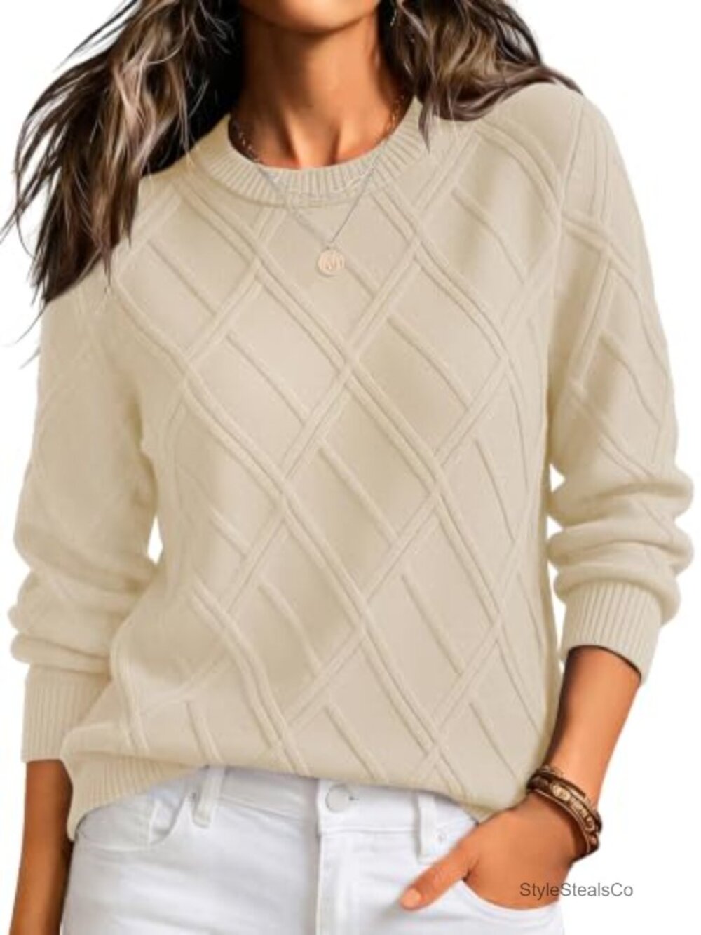 Women's Cable Knit Pullover Sweater Long Sleeve Crew Neck Cozy Fall Winter